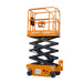 An orange EKKO ES40E scissor lift on a black backdrop, highlighting its capability to reach a height of 13 feet.