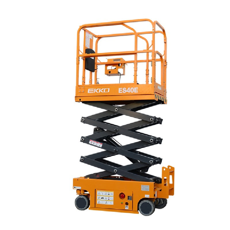 An orange EKKO ES40E scissor lift on a black backdrop, highlighting its capability to reach a height of 13 feet.