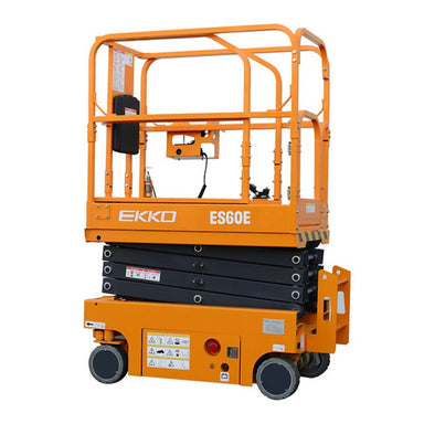 Orange electric scissor lift, model EKKO ES60E, with a maximum height of 19 feet, displayed on a white background.
