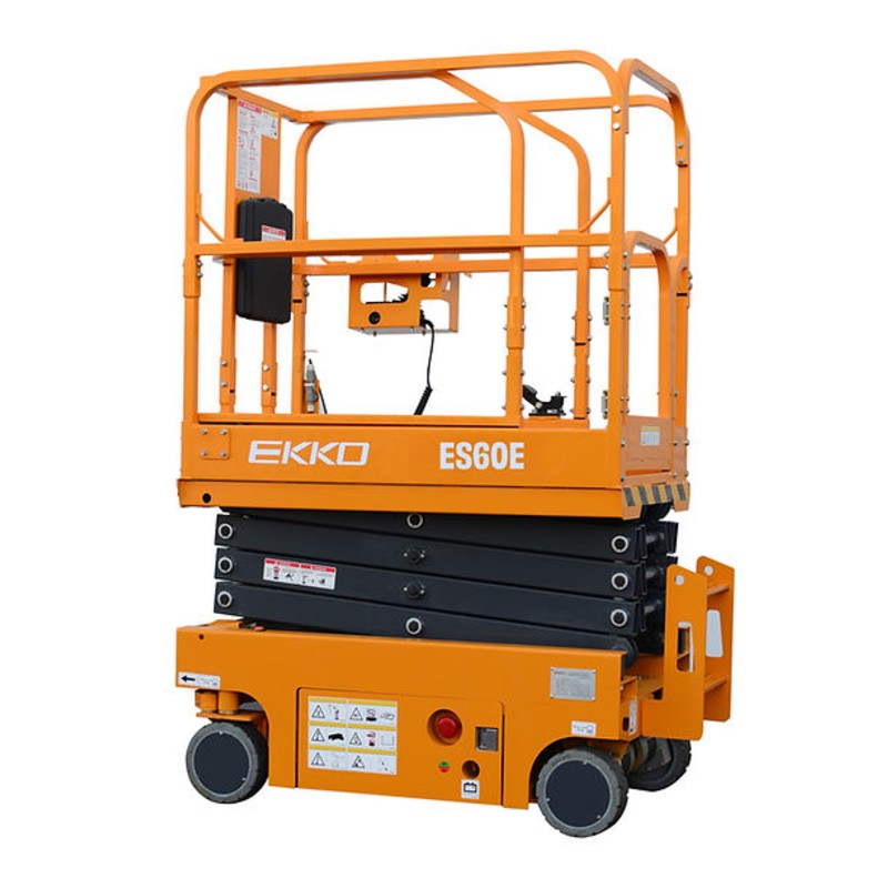 Orange electric scissor lift, model EKKO ES60E, with a maximum height of 19 feet, displayed on a white background.