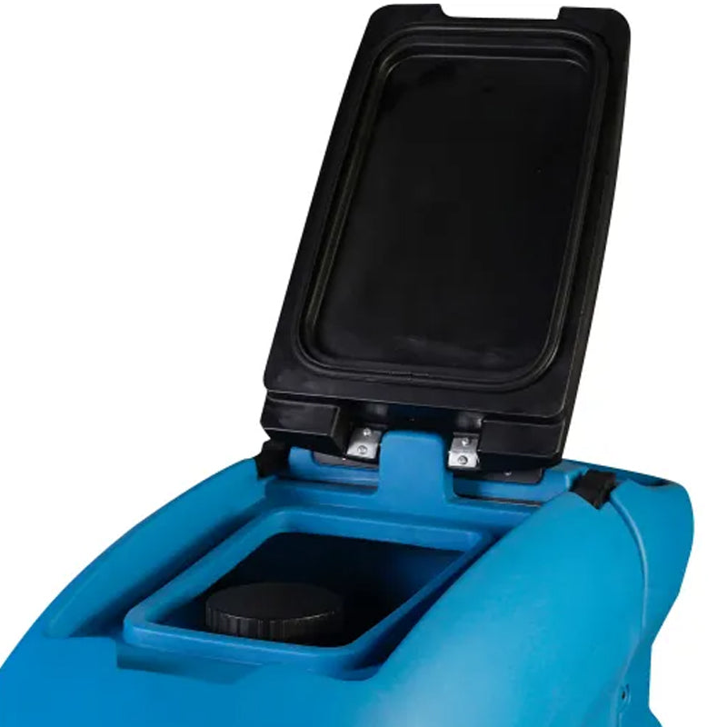 Floor scrubber shown with the recovery tank lid open, revealing the tank interior.