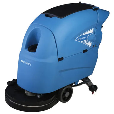 Blue Global Industrial walk-behind floor scrubber with 20-inch cleaning path, traction drive, and circular scrub deck.