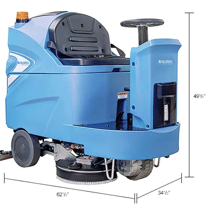 Dimension illustration of the Global Industrial ride-on floor scrubber, showing its overall size and 34-inch cleaning path.