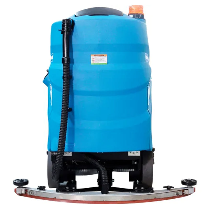 Rear view of the floor scrubber showing the recovery tank and squeegee assembly.