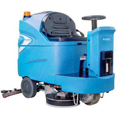 Blue Global Industrial ride-on floor scrubber with a 34-inch cleaning path, dual scrub decks, and rear squeegee assembly.