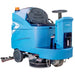 Blue Global Industrial ride-on floor scrubber with a 34-inch cleaning path, dual scrub decks, and rear squeegee assembly.