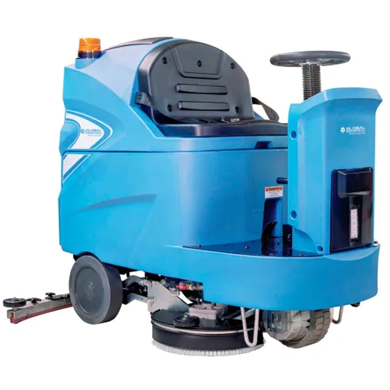 Blue Global Industrial ride-on floor scrubber with a 34-inch cleaning path, dual scrub decks, and rear squeegee assembly.