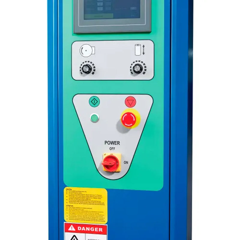 Close-up of the stretch wrapper’s operating controls, including the touchscreen, buttons, and emergency stop.