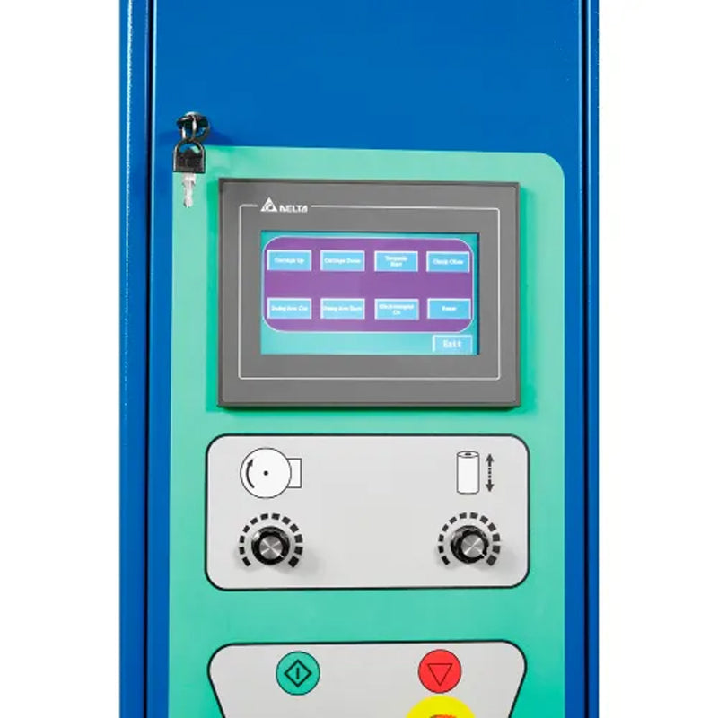 Close-up of the stretch wrapper’s touchscreen and control buttons.