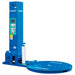 Blue Global Industrial semi-automatic stretch wrap machine with circular turntable, upright mast, and automatic film attach and cut system.