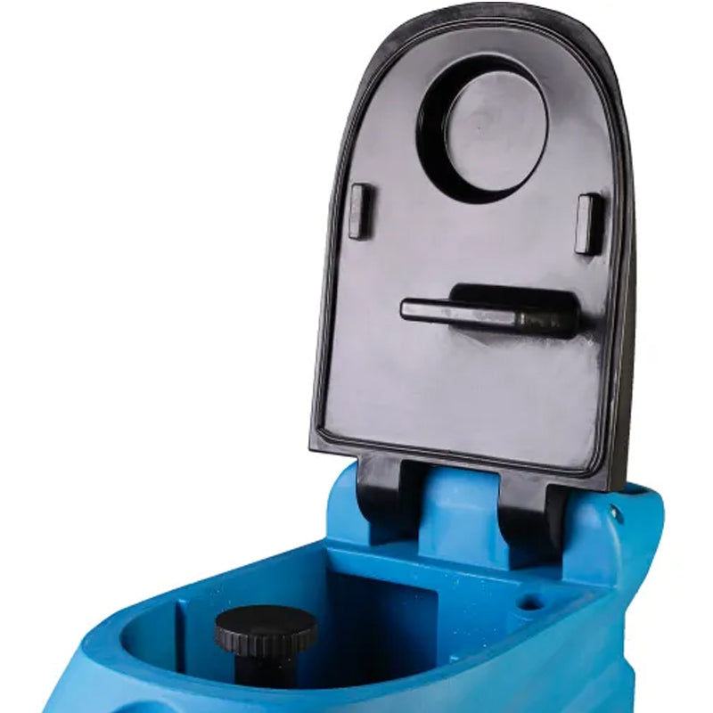 Floor scrubber shown with its recovery tank lid open, revealing the tank interior.
