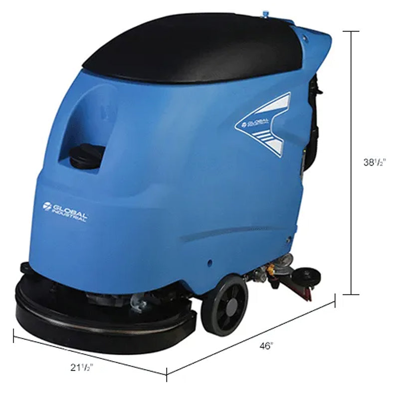 Dimension illustration of the Global Industrial floor scrubber, showing its overall size and 18-inch cleaning path.