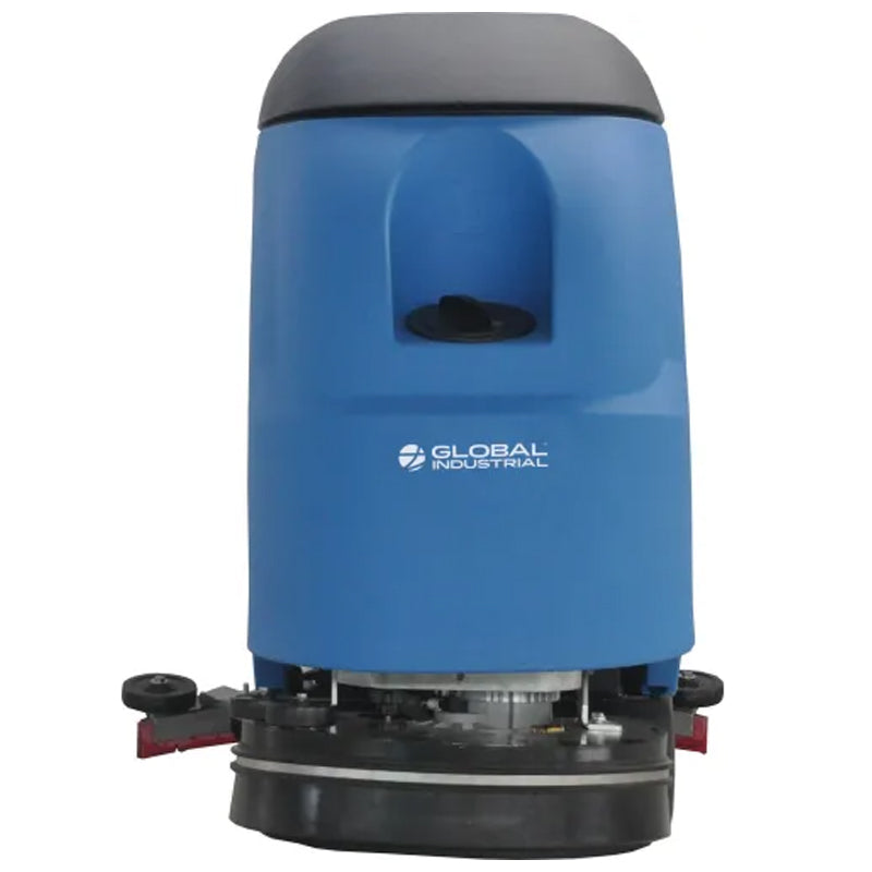 Front view of the blue walk-behind floor scrubber, showing the scrub deck and rear squeegee assembly.