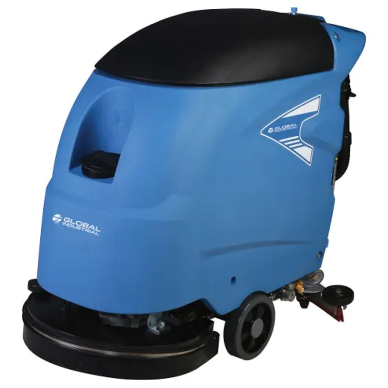Blue Global Industrial corded walk-behind auto floor scrubber with an 18-inch cleaning path and front scrub deck.