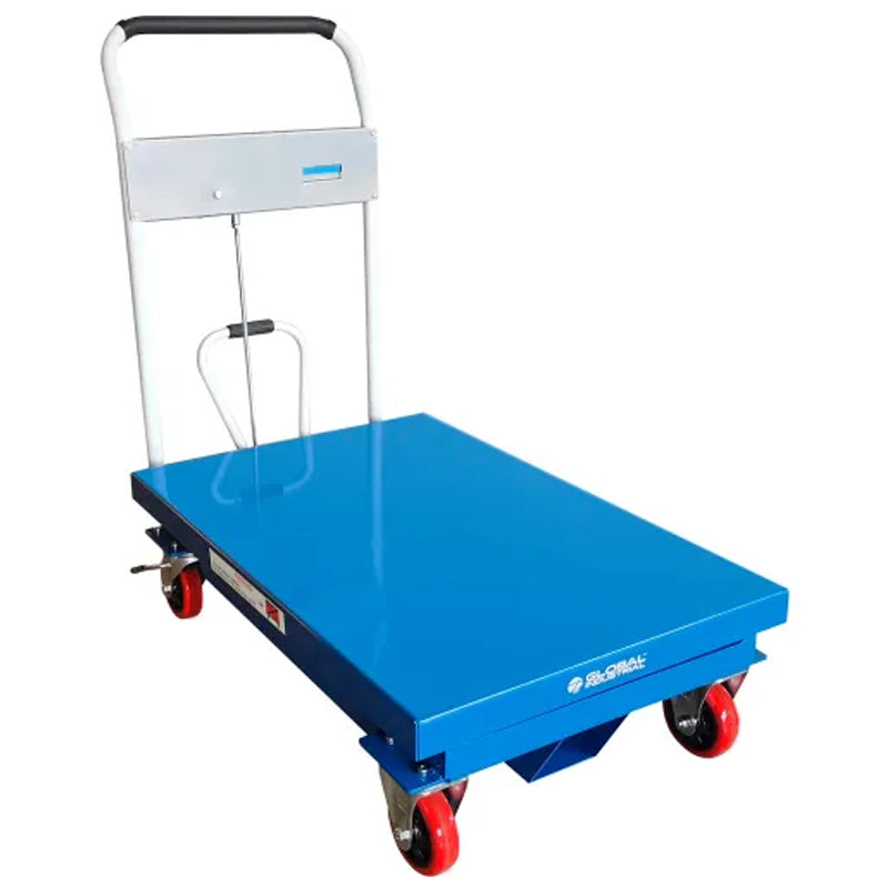 Blue mobile scissor lift table with its platform lowered, designed to move loads up to 1,100 lb on polyurethane casters.