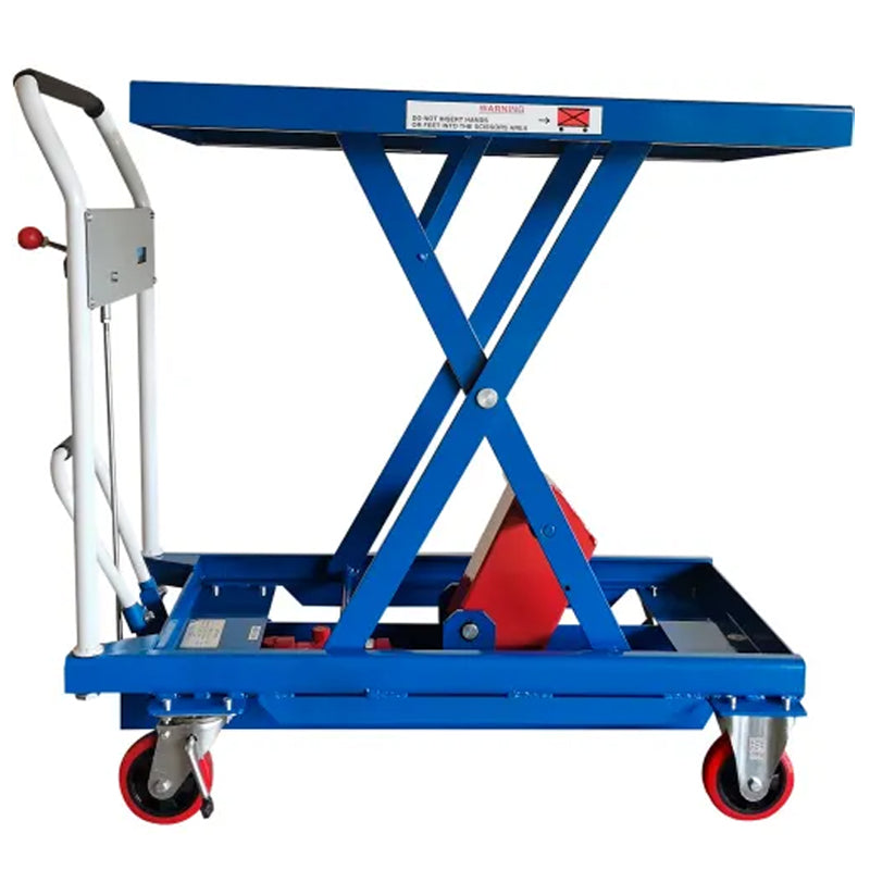 Side view of the blue mobile scissor lift table raised on its single scissor mechanism, with a 36" × 24" platform.
