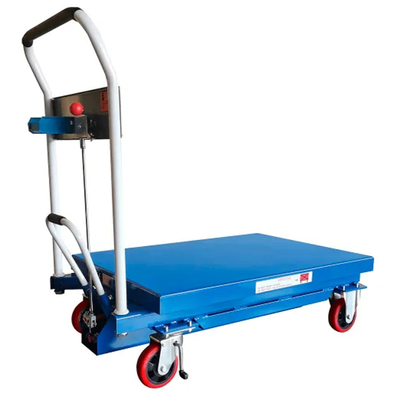 Global Industrial mobile scissor lift table shown with the platform lowered and the handle-mounted hook-on bin visible.