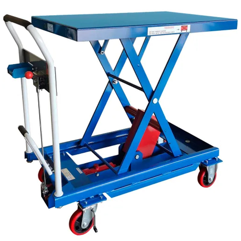 Blue Global Industrial mobile scissor lift table raised on its crossed steel supports, with a 36" × 24" platform and 1,100 lb capacity.