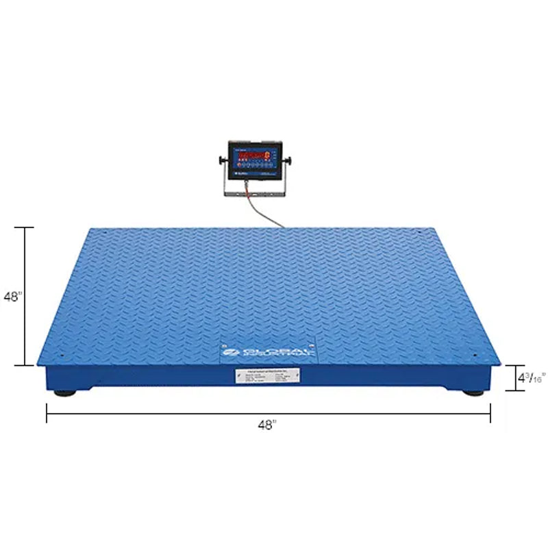 Dimension illustration of the blue pallet scale, showing its 48" × 48" platform.