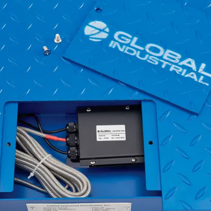 Close-up beneath the scale platform showing its load cell wiring and Global Industrial branding.