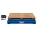 Wooden pallet resting on the blue Global Industrial pallet scale platform with remote LED indicator.