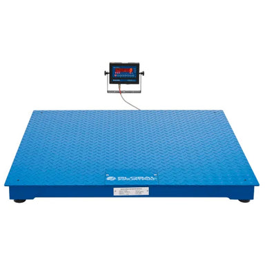 Front view of the blue 4' × 4' pallet scale platform with its remote LED weight indicator.