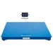 Front view of the blue 4' × 4' pallet scale platform with its remote LED weight indicator.