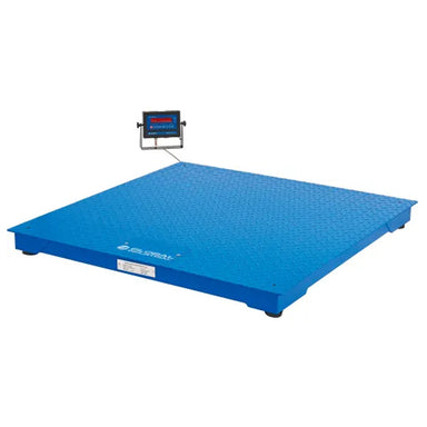 Blue Global Industrial NTEP pallet scale with a 4' × 4" diamond-plate platform and remote LED indicator, rated for 5,000 lb × 1 lb.