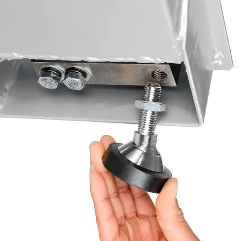 Close-up of an adjustable rubber leveling foot beneath the pallet scale platform.