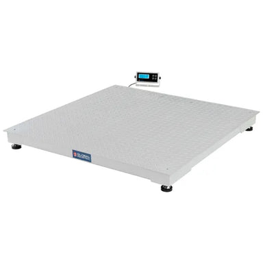Front view of the 48" × 48" Global Industrial pallet scale platform with the LCD indicator behind it.