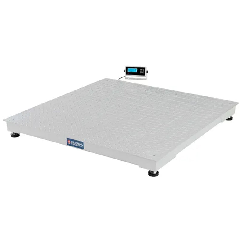 Front view of the 48" × 48" Global Industrial pallet scale platform with the LCD indicator behind it.