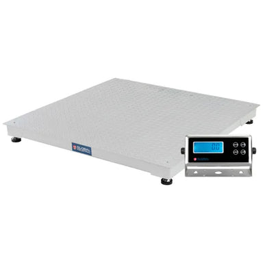 Gray Global Industrial pallet scale with a 48" × 48" diamond-plate platform and separate LCD indicator, rated for 10,000 lb × 1 lb.