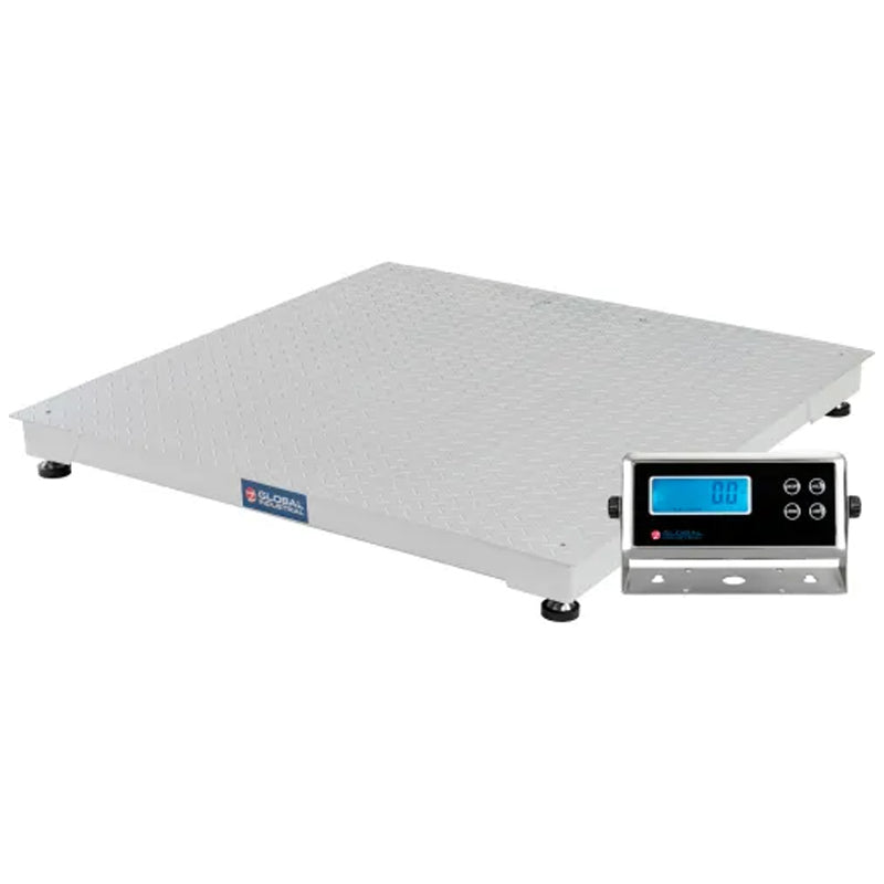 Gray Global Industrial pallet scale with a 48" × 48" diamond-plate platform and separate LCD indicator, rated for 10,000 lb × 1 lb.