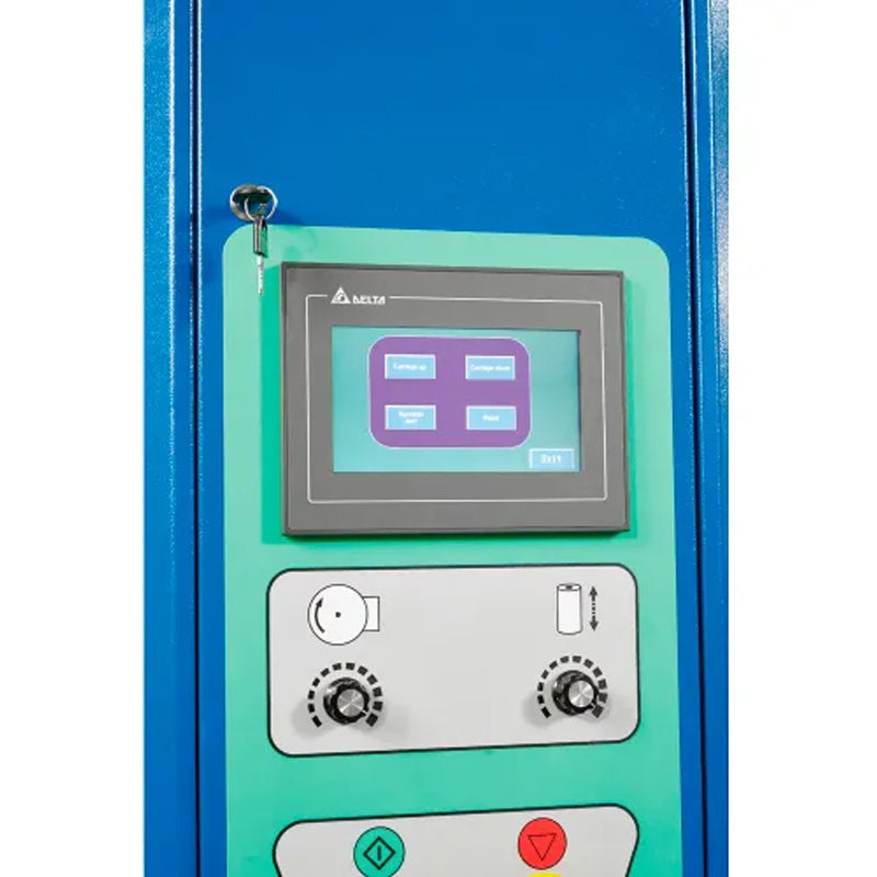 Close-up of the stretch wrapper’s control panel with touchscreen and operating buttons.