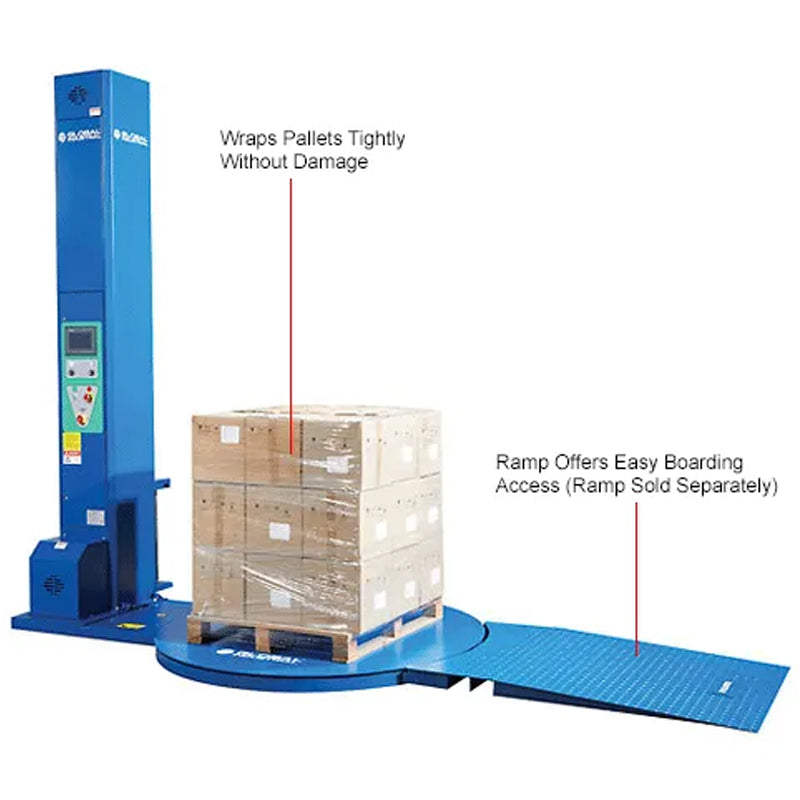 Blue pallet stretch wrapper securing a pallet load, with the film carriage raised beside the pallet.
