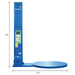 Dimension illustration Side view of the blue pallet stretch wrapper with a circular turntable and upright mast.