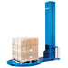 Blue pallet stretch wrapper with a loaded pallet positioned on the circular turntable for wrapping.