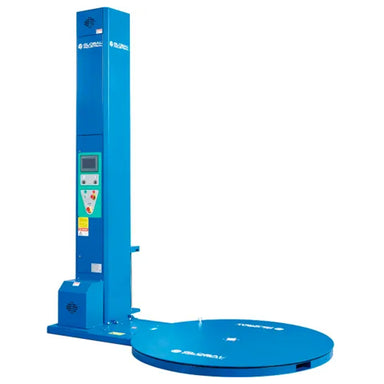 Blue Global Industrial pallet stretch wrapper with a circular turntable and upright film carriage, shown without a pallet.