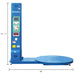 Dimension illustration side view of the blue stretch wrapper, showing the upright mast and circular turntable with dimensions.