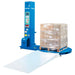 Global Industrial stretch wrapper with a pallet on the turntable and a loading ramp leading to the platform.