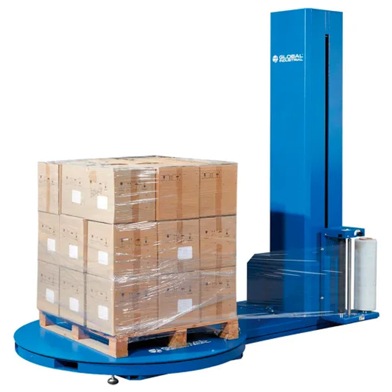 Pallet load positioned on the stretch wrapper’s turntable, with the built-in scale weighing the load during wrapping.