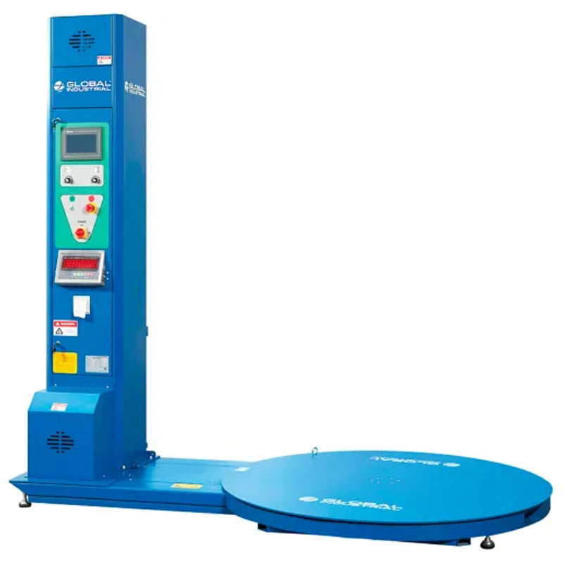 Blue Global Industrial semi-automatic stretch wrap machine with a 59-inch turntable and built-in NTEP scale.
