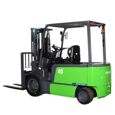 Green EKKO EK40T-Li lithium-powered forklift on a white background, capable of lifting 8000 lbs.