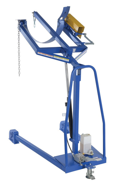 Vestil HDC-305-60 hydraulic drum carrier with drum cradle raised.