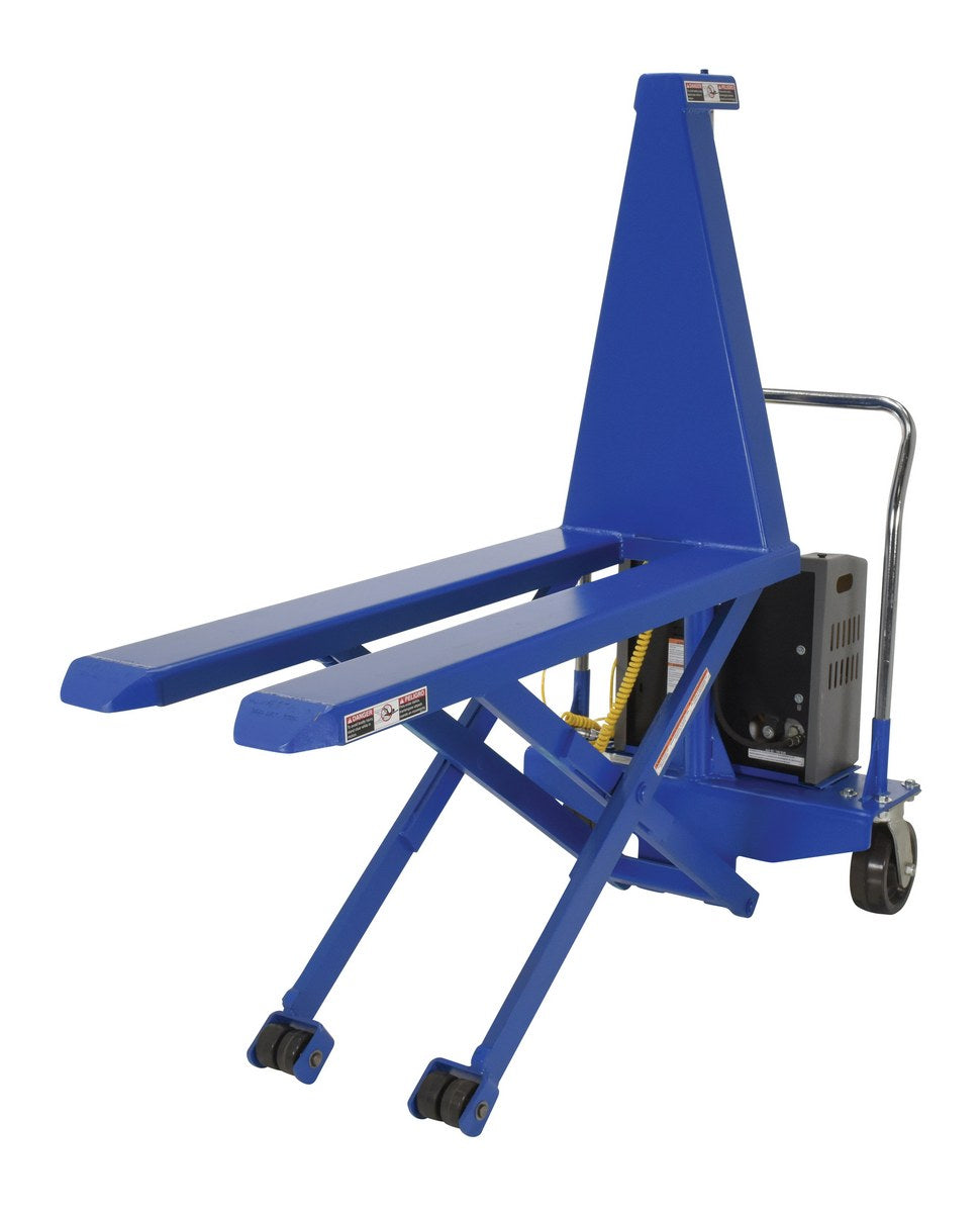 Vestil HIPM-2048-DC DC-powered high-lift pallet truck with forks raised.