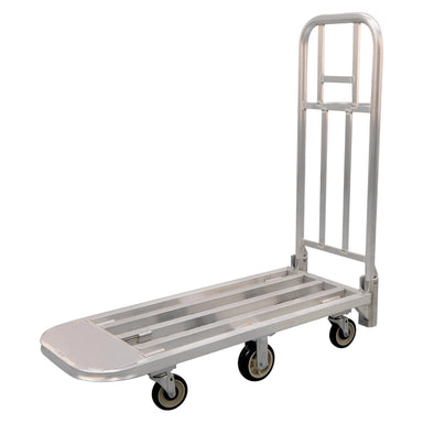 Silver heavy-duty aluminum folding utility cart with wheels, designed for high-volume transport on a white background.