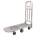 Silver heavy-duty aluminum folding utility cart with wheels, designed for high-volume transport on a white background.