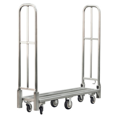 Sturdy aluminum utility cart featuring a foldable design, two wheels, and a handle for easy maneuverability.
