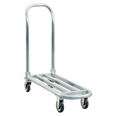 Heavy-duty aluminum low boy platform truck with removable handle, 1,000 lb capacity, on a white background.