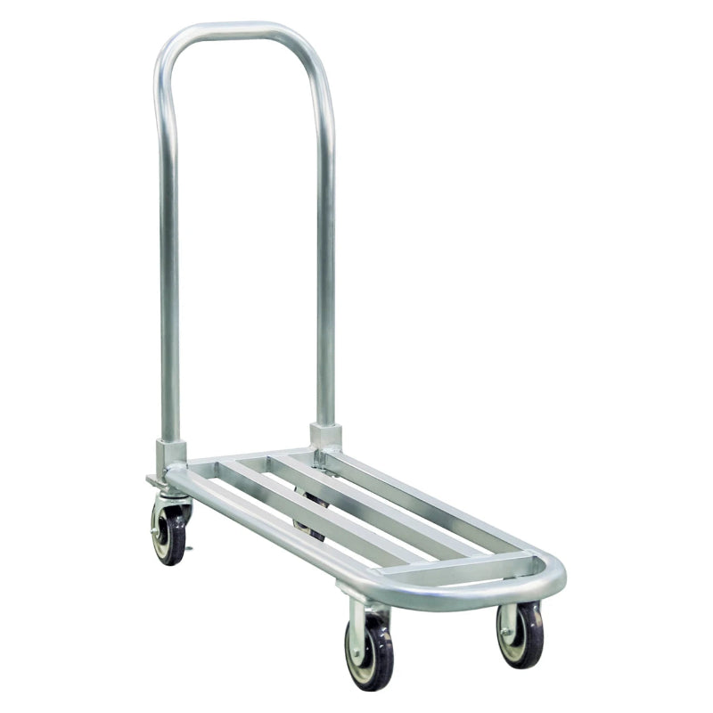Heavy-duty aluminum low boy platform truck with removable handle, 1,000 lb capacity, on a white background.